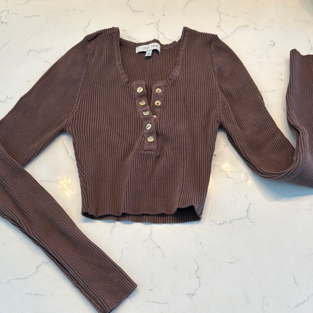 Love Tree Brown Ribbed Long Sleeve Top